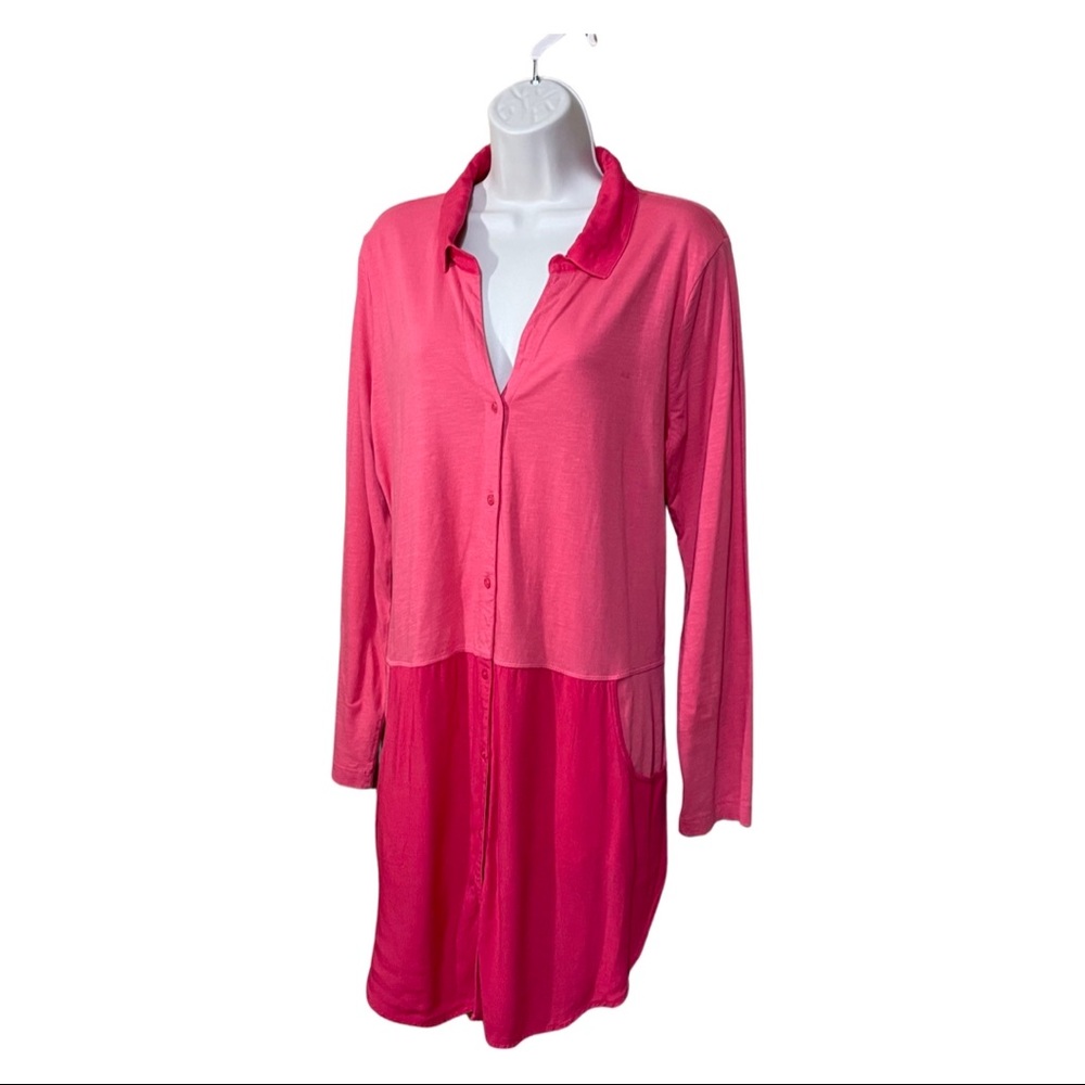 Soft Surroundings Women Sz L Two Tone Shirt Dress Pink Button Up Pockets
